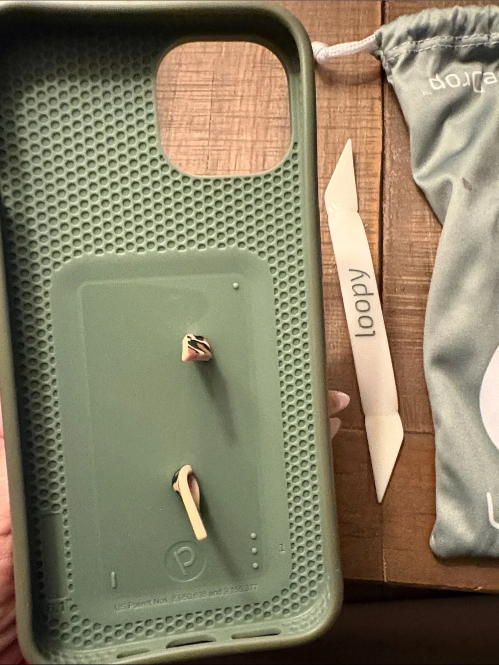 iPhone 13 Loopy Case Sage Green with Leopard Ring -right handed
